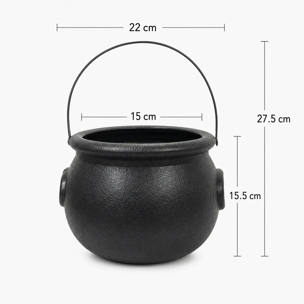 Black witch cauldron bucket with handle shown with size measurements for Halloween candy, party favors, and themed decorations.