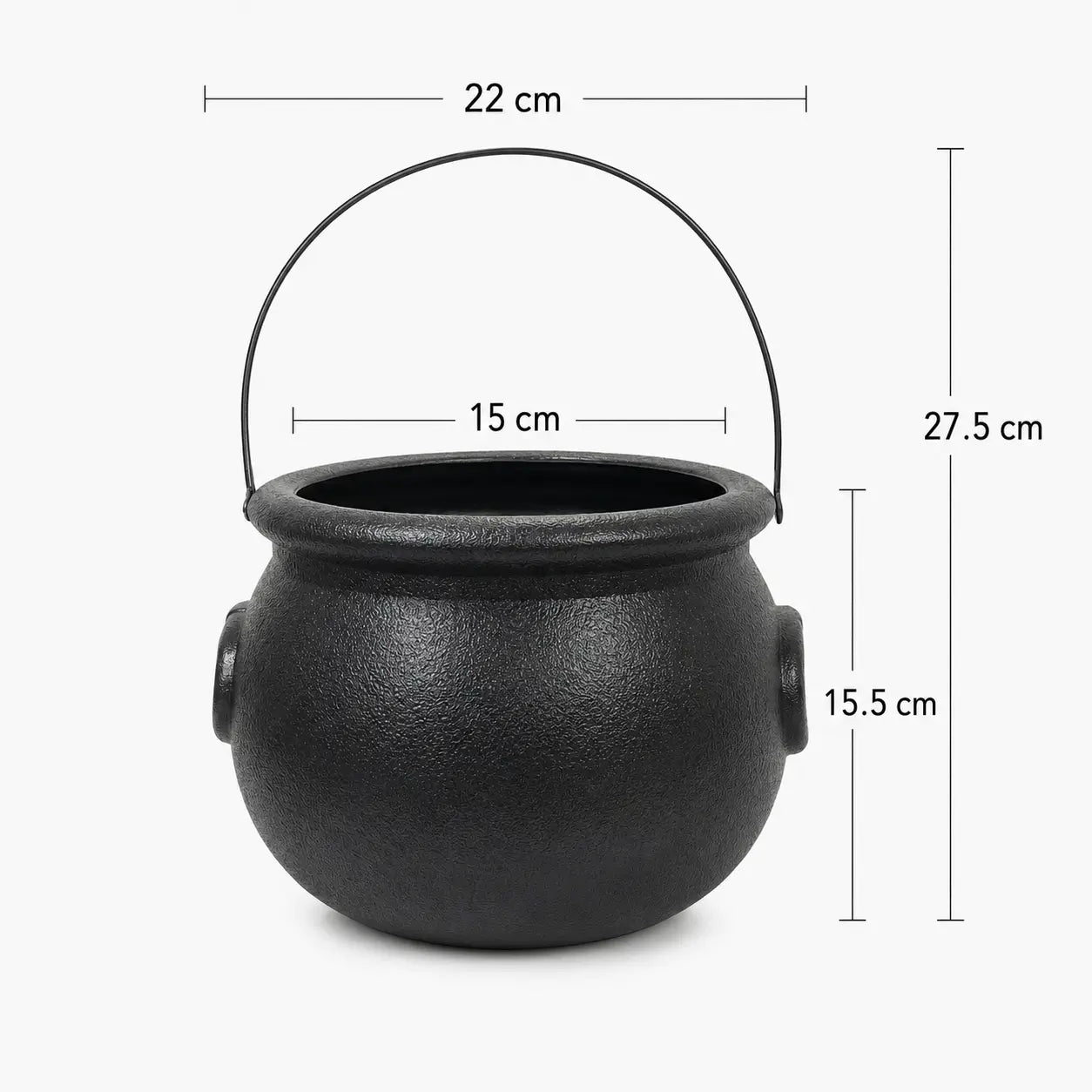 Black witch cauldron bucket with handle shown with size measurements for Halloween candy, party favors, and themed decorations.