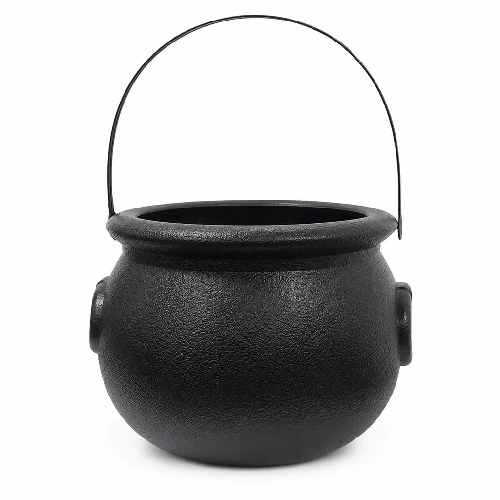 Black witch cauldron bucket with handle for Halloween candy, party favors, table decorations, and themed party displays.