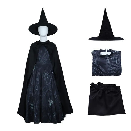 Black witch costume set with printed dress, cape, and pointed hat for Halloween parties, themed events, and dress-up play.