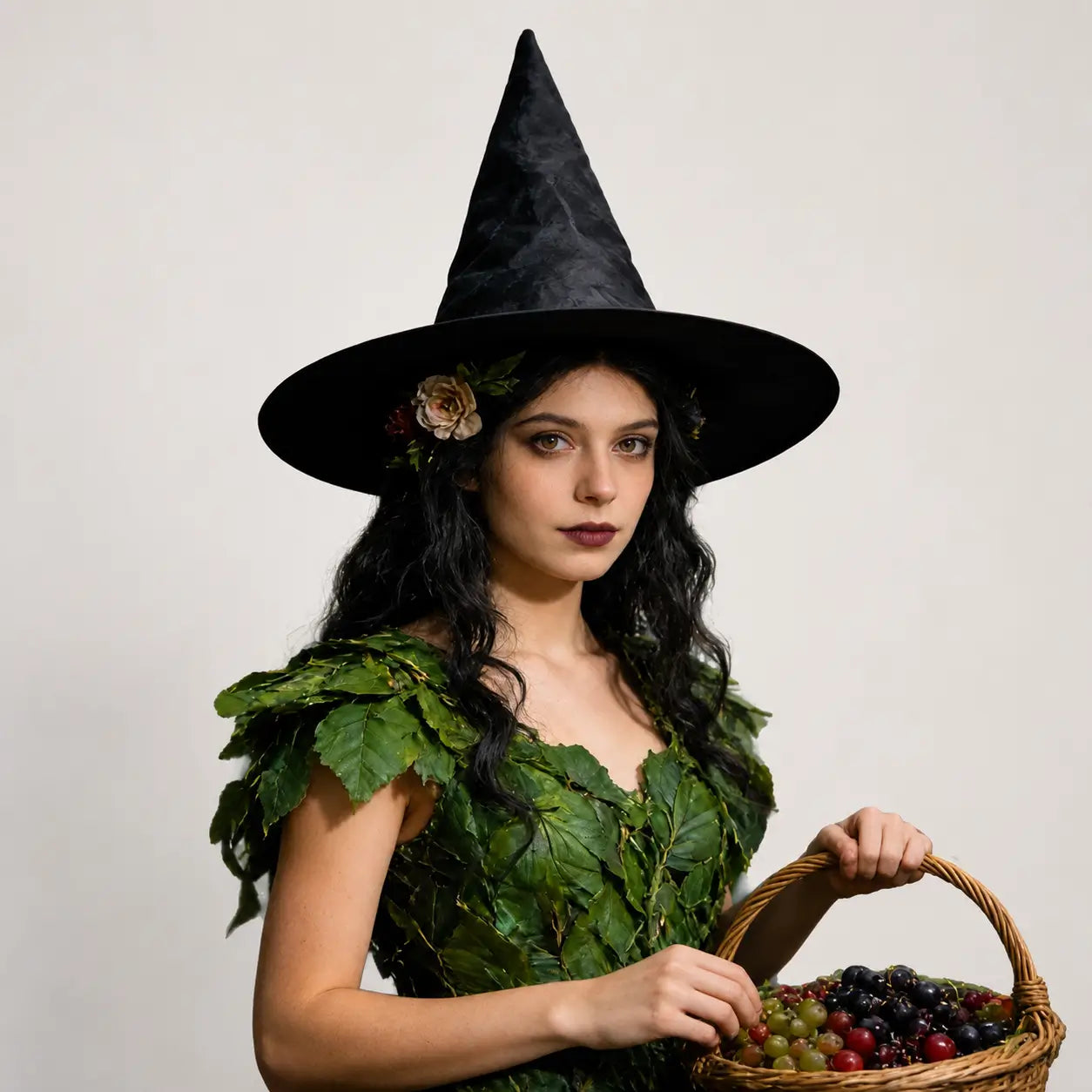 Black witch hat styled with a green fantasy costume and basket prop for Halloween, witch party, cosplay, and themed dress-up.