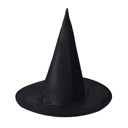Black pointed witch hat for Halloween costumes, witch party decorations, cosplay, and themed dress-up accessories.