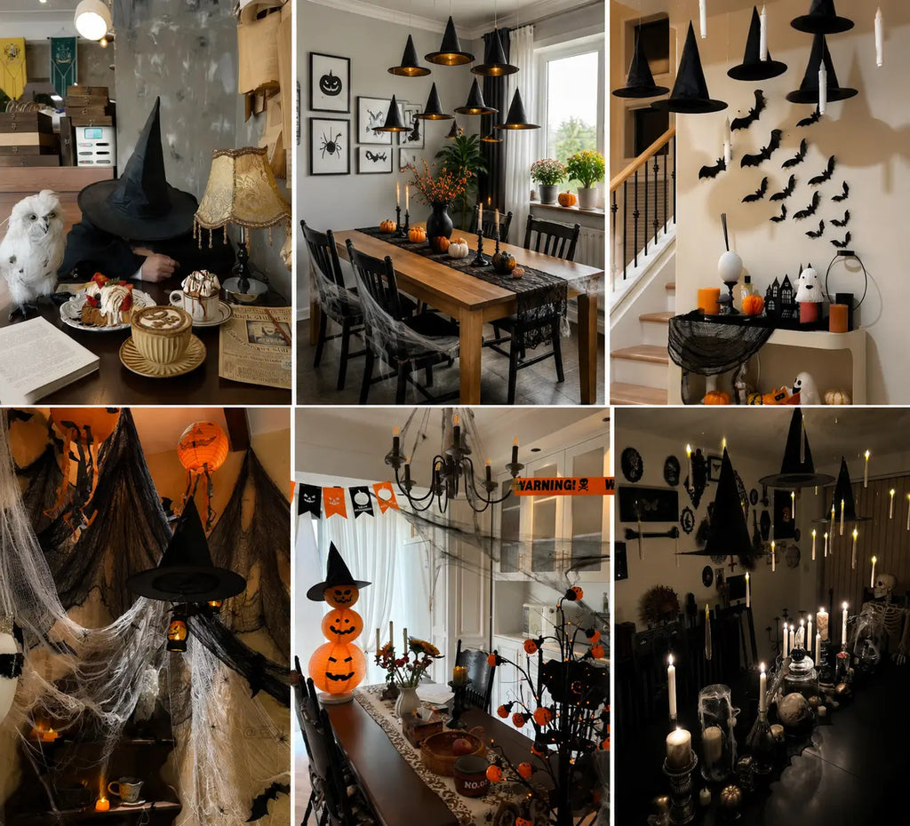 Halloween party decor ideas featuring black witch hats, floating candles, bats, pumpkins, spider webs, and spooky table settings.
