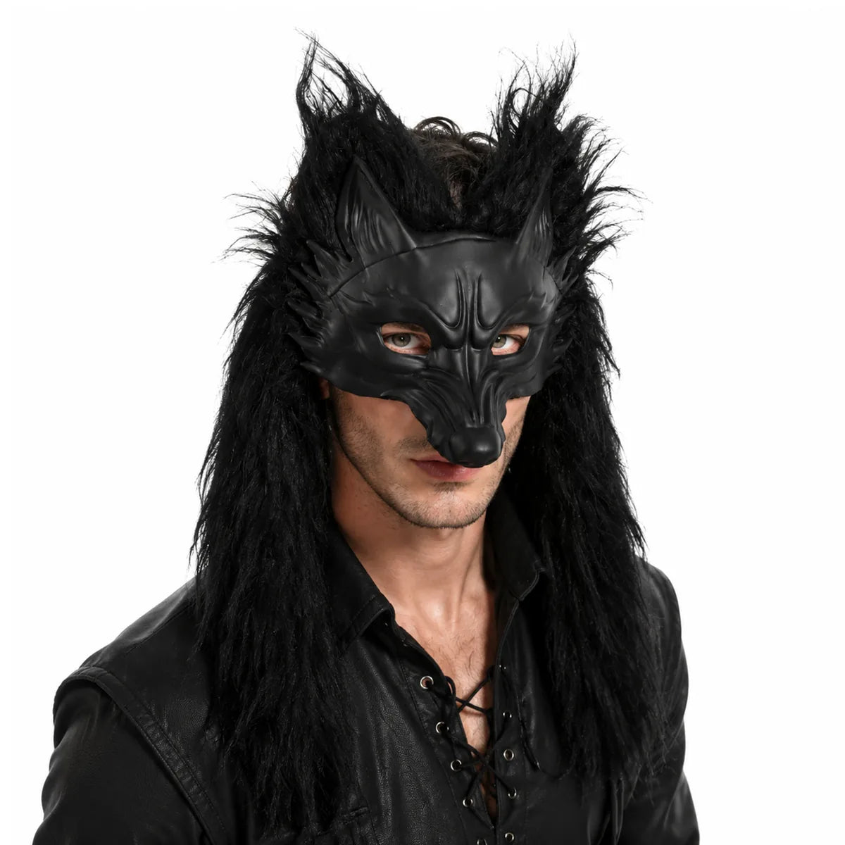 Front view of the black wolf black fur mask, showing its overall shape and visible design.