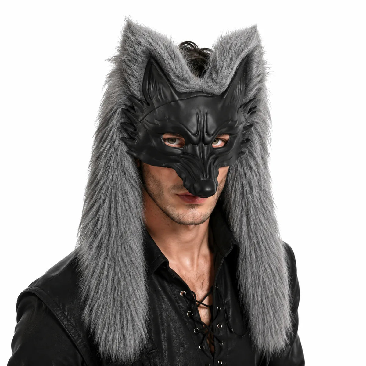 Front view of the black wolf gray fur mask, showing its overall shape and visible design.