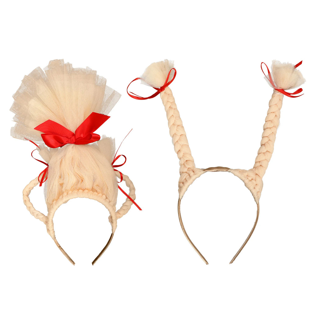 Two blonde braided headbands with red ribbon bows shown together on white.