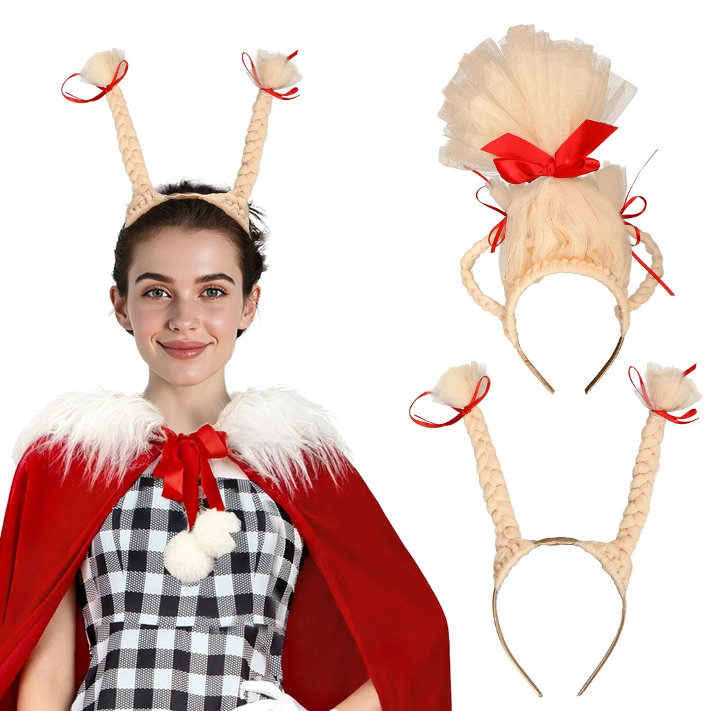 A model wears the upright braid headband beside the two included designs.