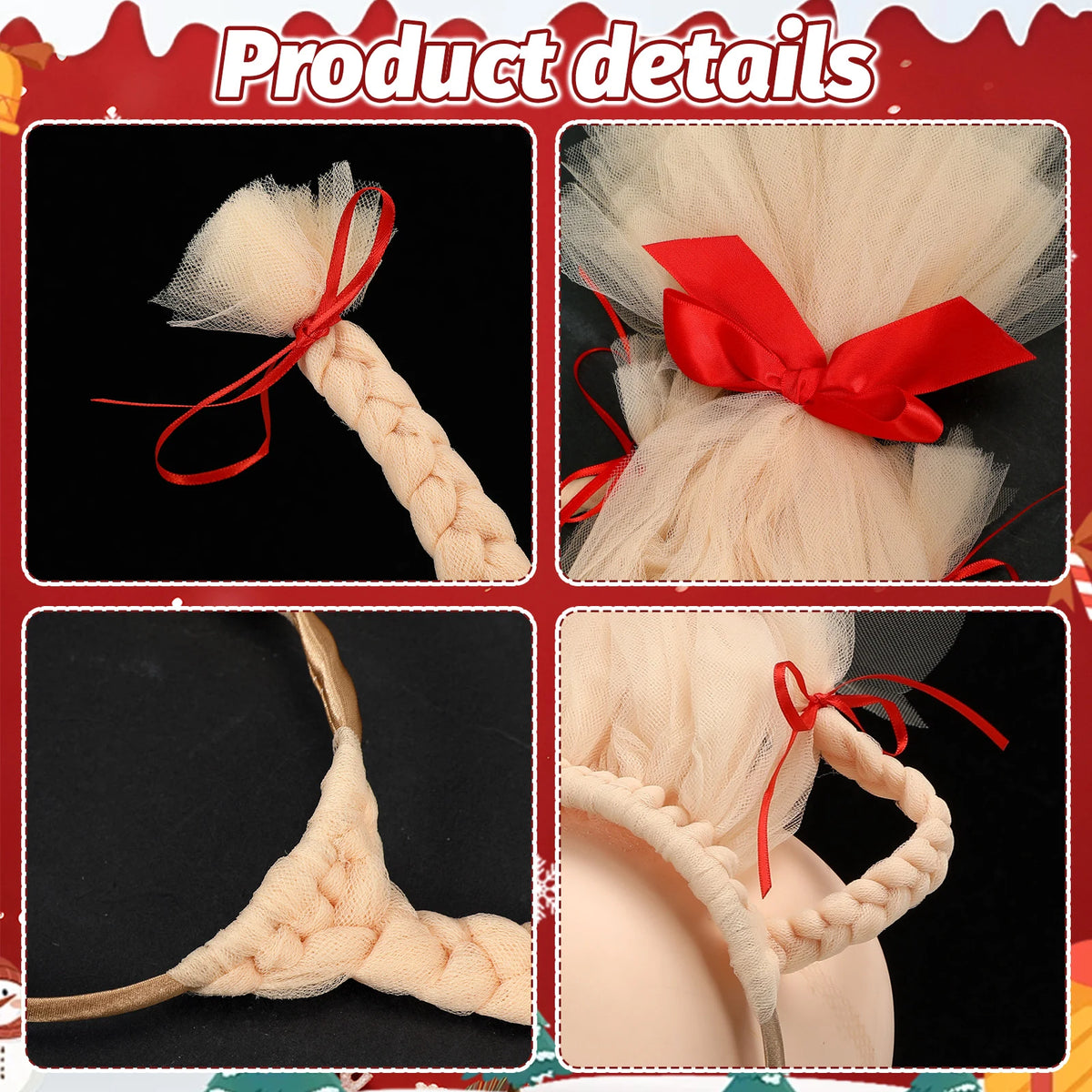 Close details show the blonde mesh braids, red ribbon bows and headband base.