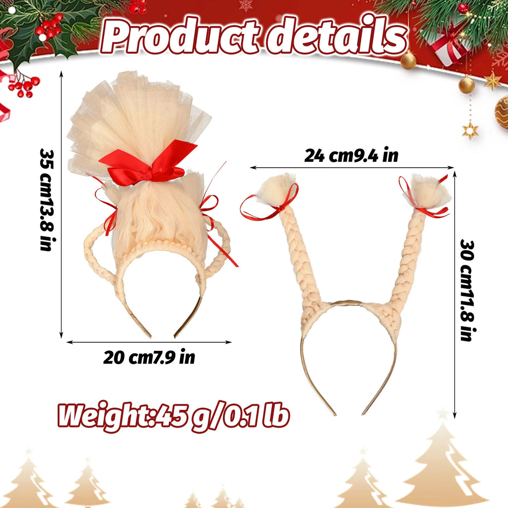 Dimensions graphic shows outside heights and widths of both blonde braided headbands.