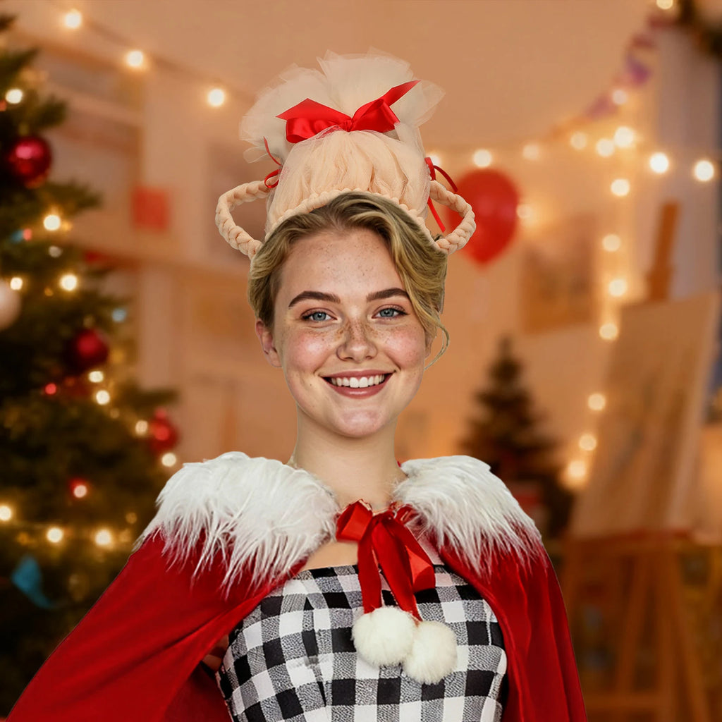 A model wears the blonde mesh updo headband with a red bow at a party.