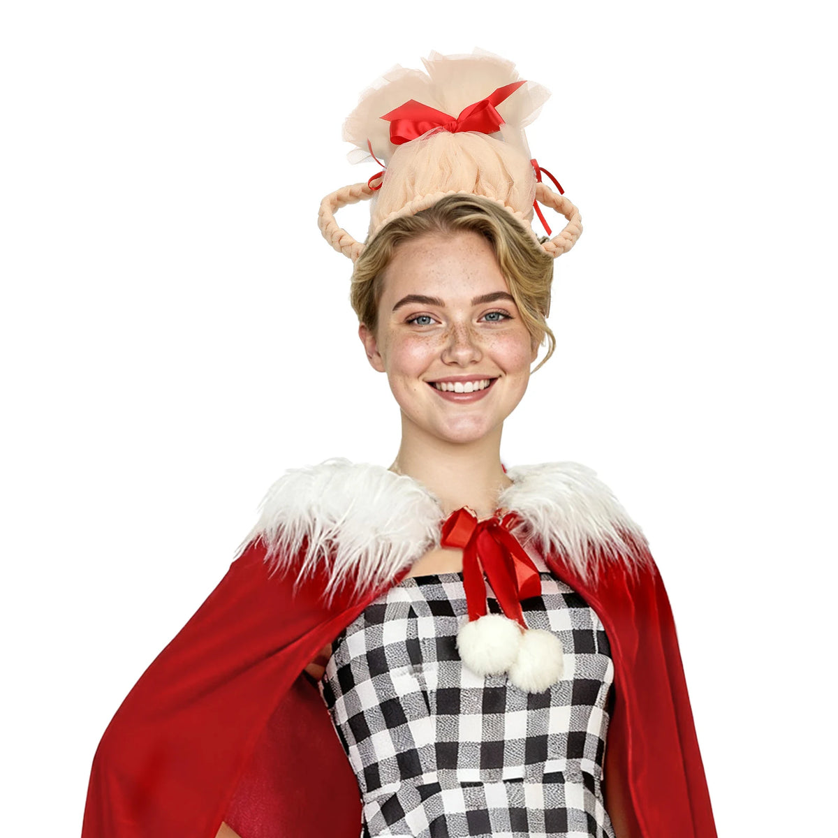 Front view of a model wearing the tall blonde updo headband and red bow.