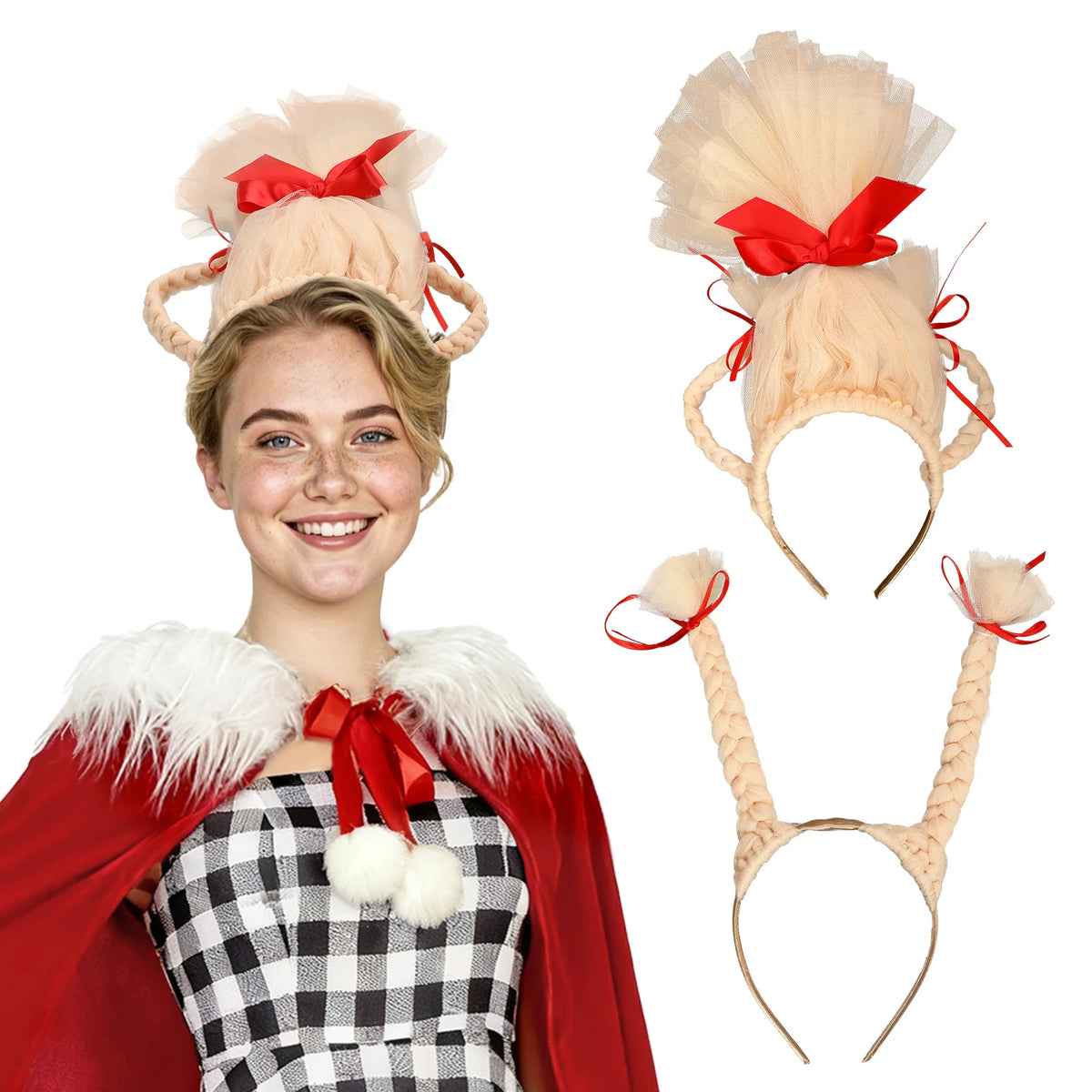 A model wears the blonde updo headband beside both included headband designs.