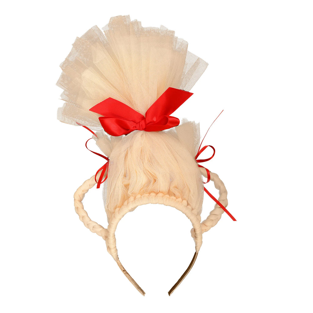 The blonde updo headband has looped side braids, mesh and a red bow.