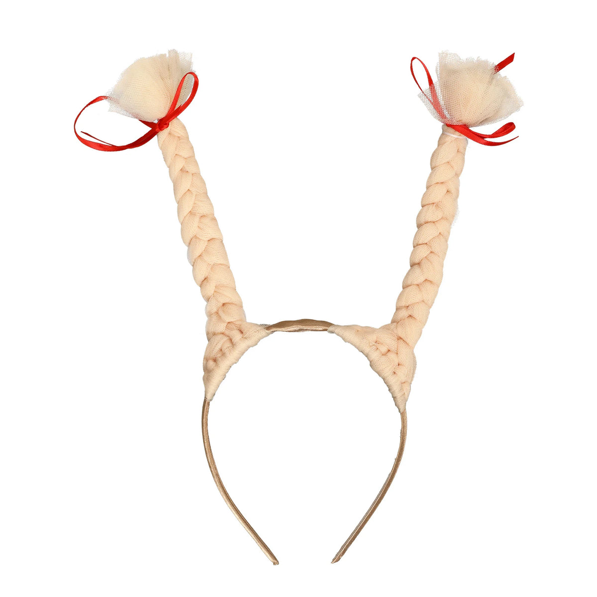 White background view of the upright blonde braids with red ribbon ties.
