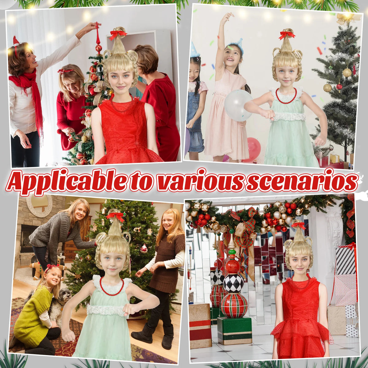 Four holiday scenes show the blonde braided wig worn with a red bow.