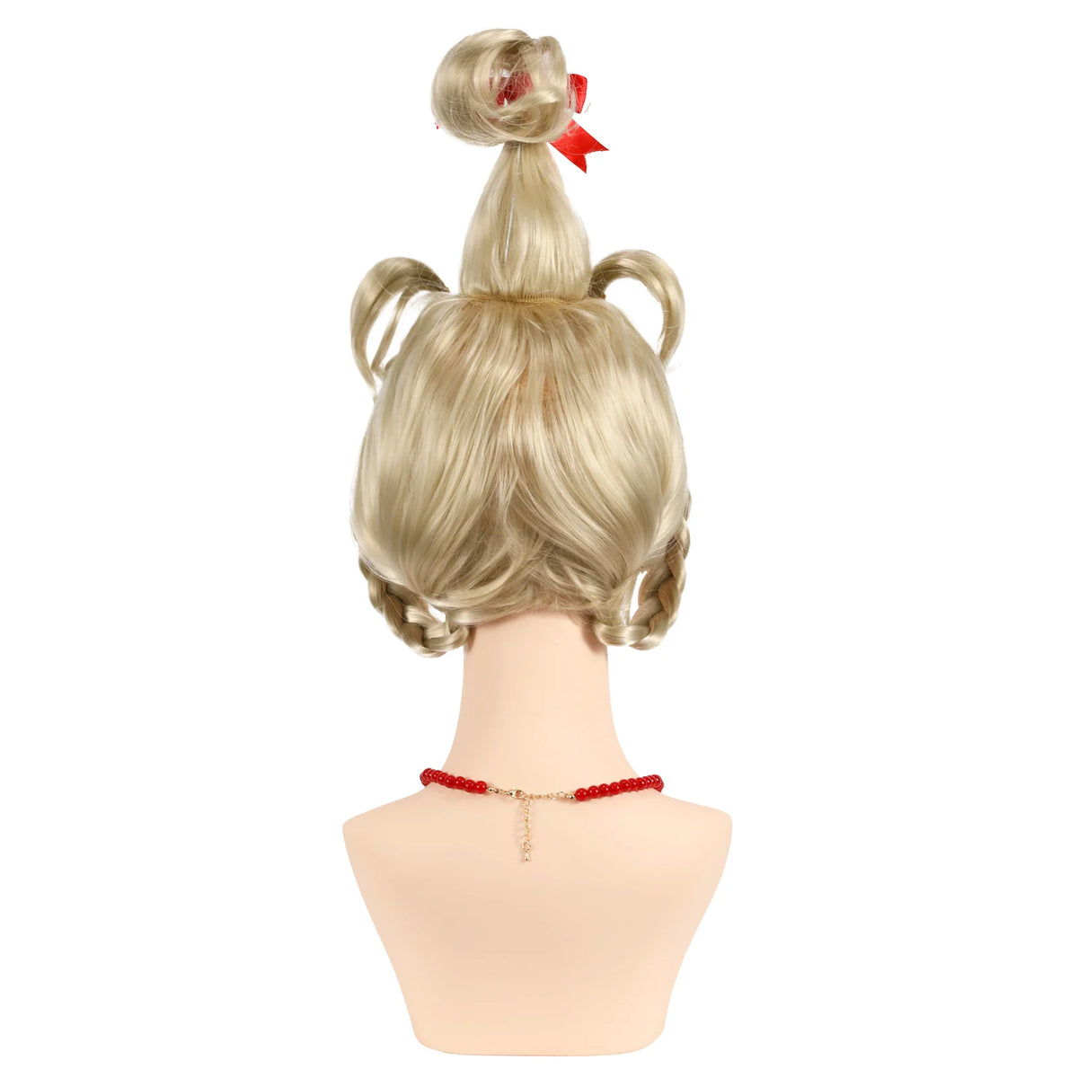 Back view of the blonde braided wig, red bow and necklace clasp.