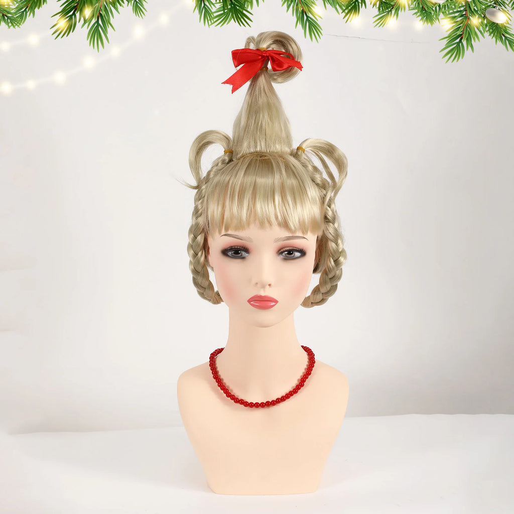Front mannequin view of the blonde braided wig with red bow and necklace.