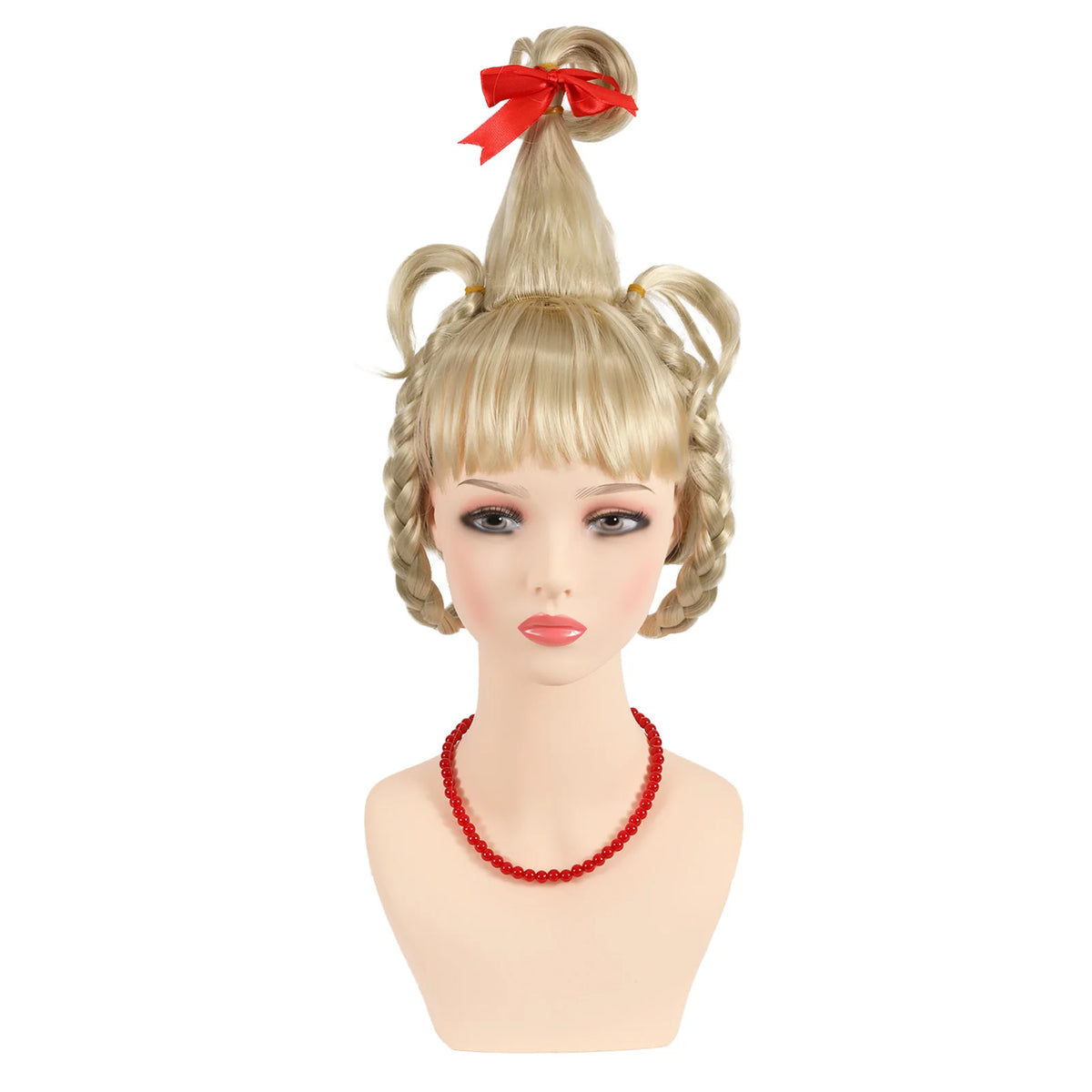 Front view of the blonde braided wig and red necklace on a mannequin.