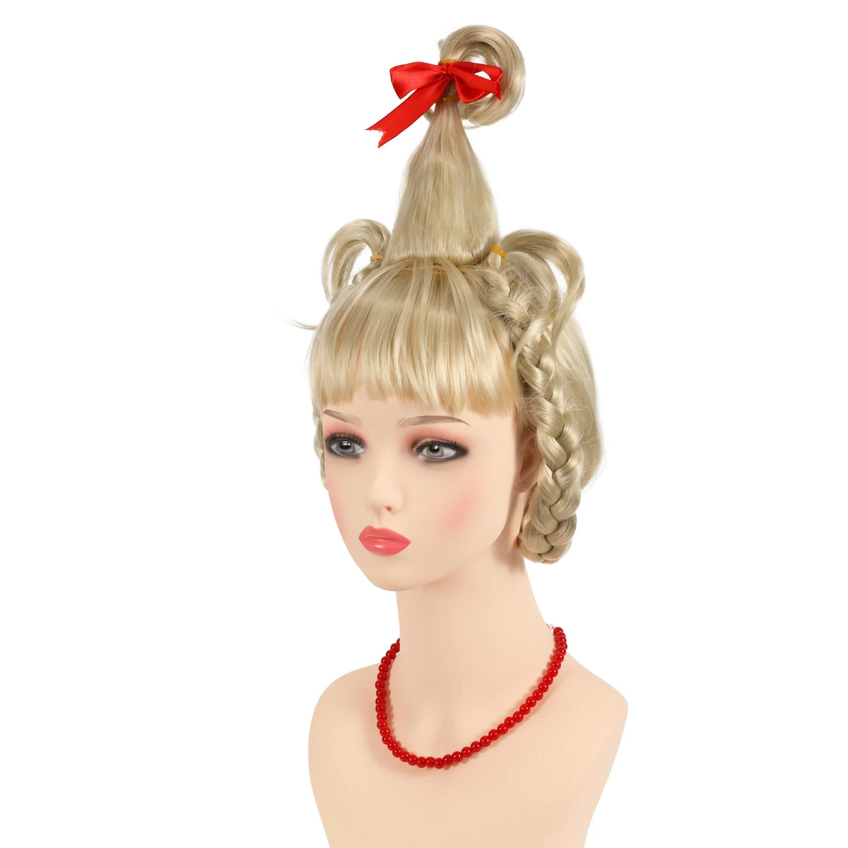 Left angled view of the blonde braided wig, red bow and red necklace.