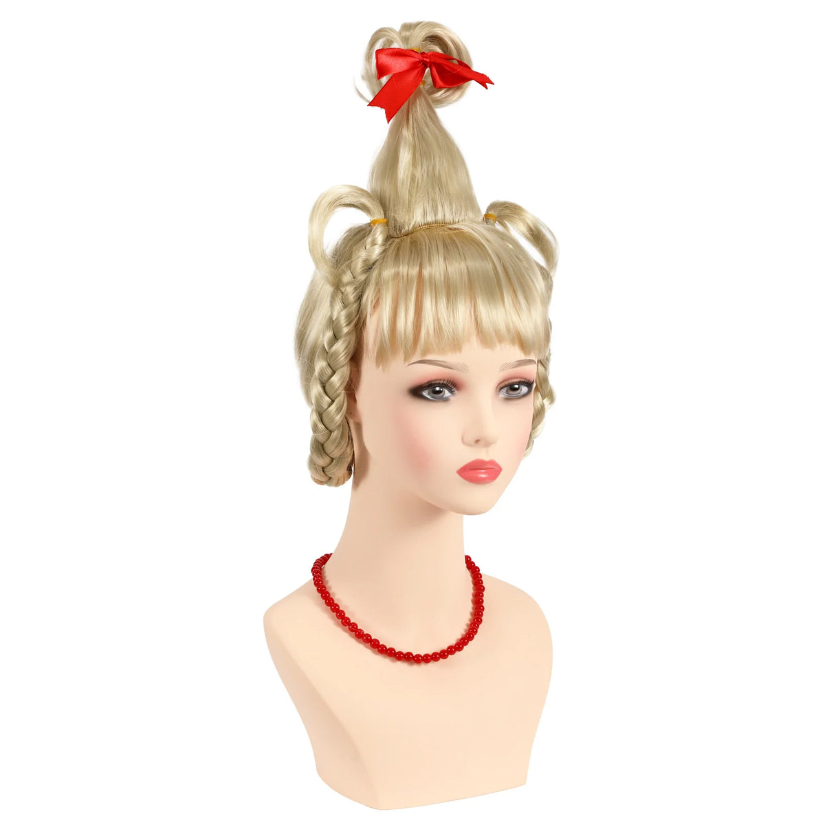 Right angled view of the blonde braided wig, red bow and red necklace.