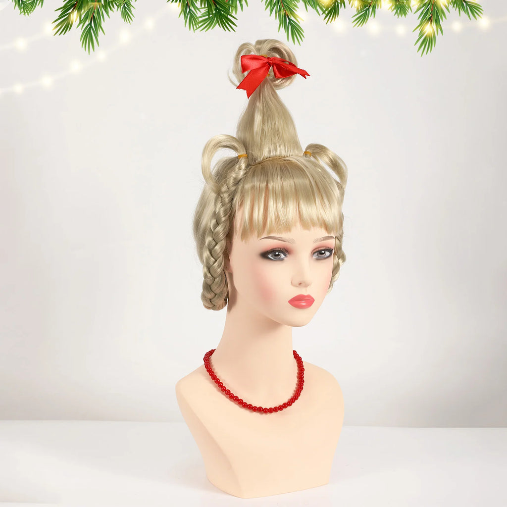 Three-quarter mannequin view of the blonde braided wig, red bow and necklace.