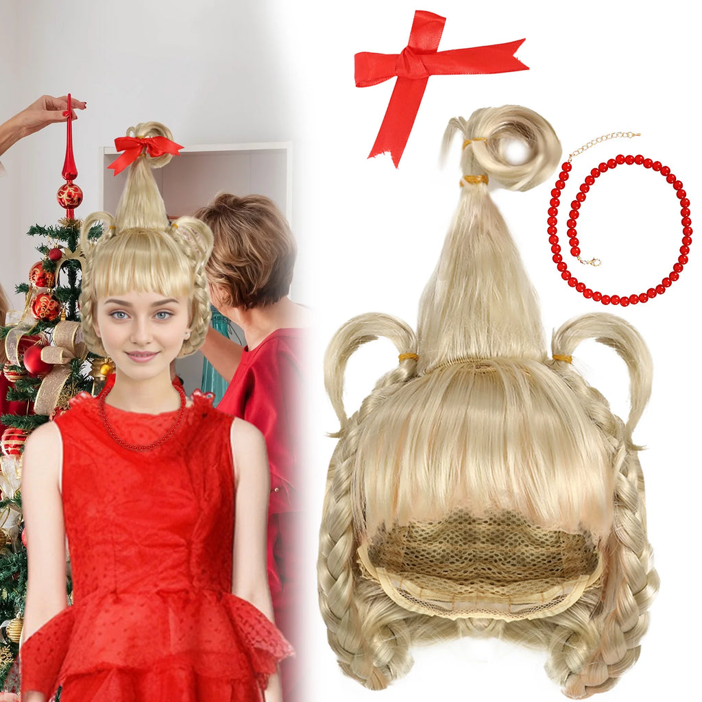 Blonde braided wig, red bow and red bead necklace beside a holiday model.