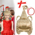 Blonde braided wig, red bow and red bead necklace beside a holiday model.