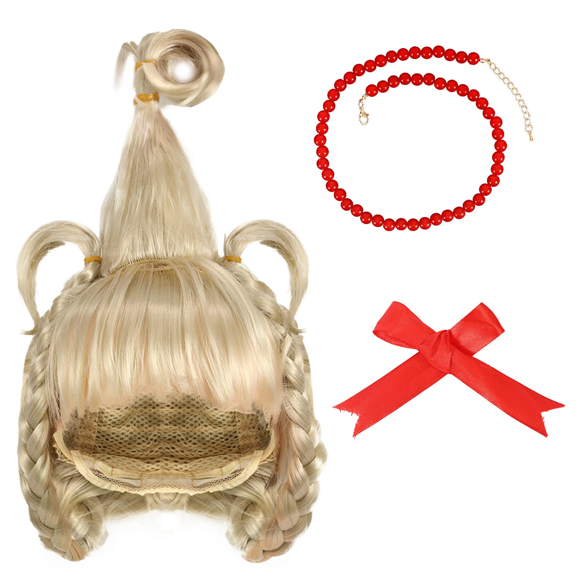 Front product view shows the blonde braided wig, red bow and bead necklace.