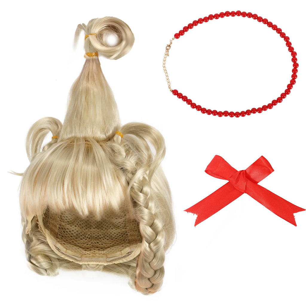 Angled product view shows the blonde braided wig beside red bow and necklace.