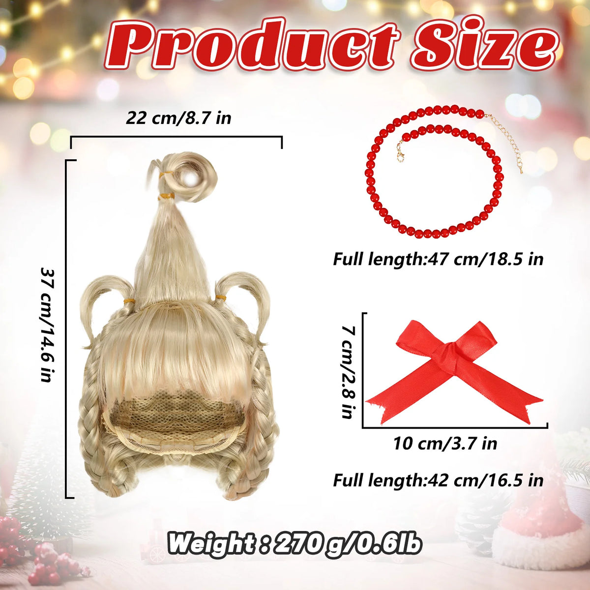Size graphic shows the blonde wig exterior, red necklace and bow measurements.
