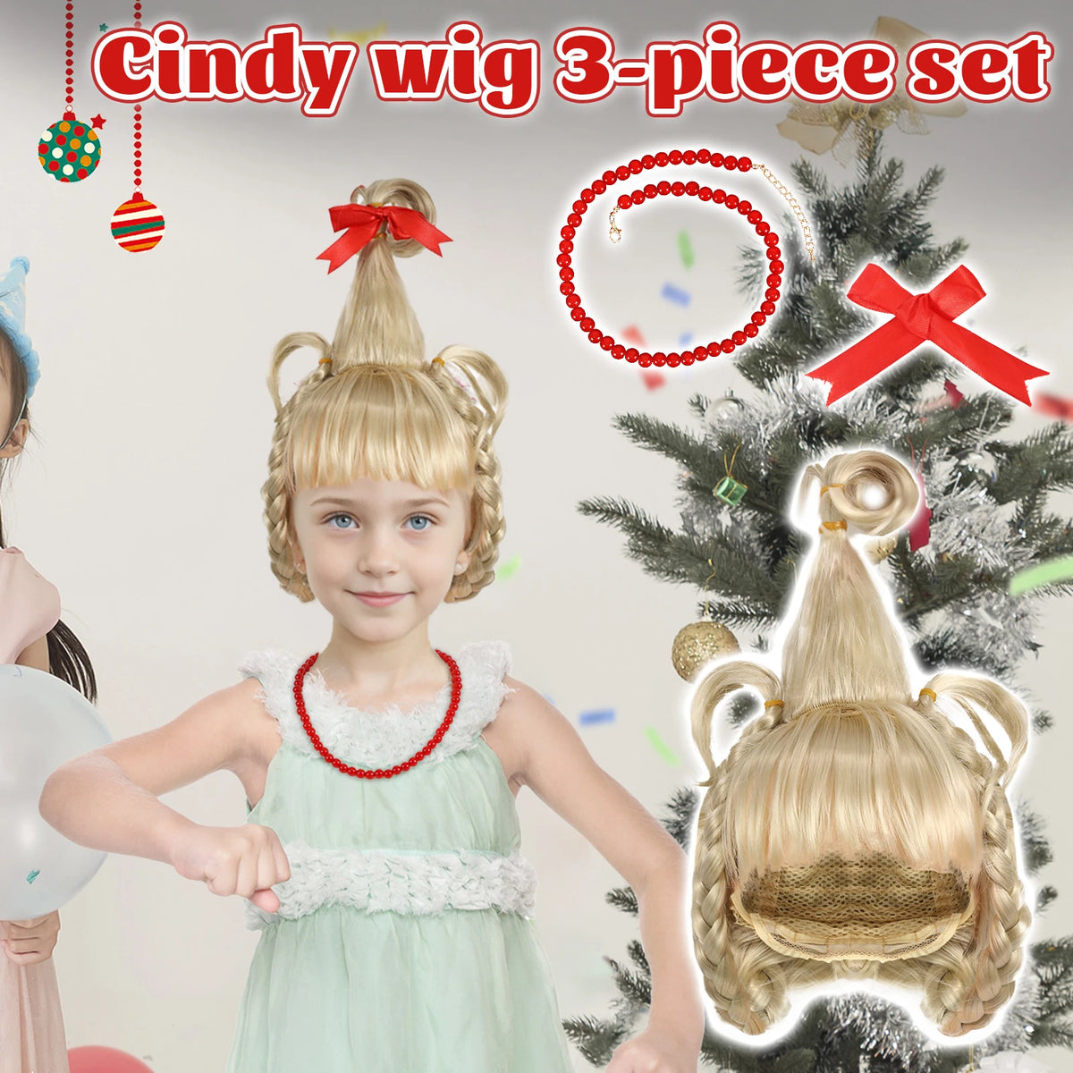 Three-piece set graphic shows the blonde braided wig, red bow and necklace.