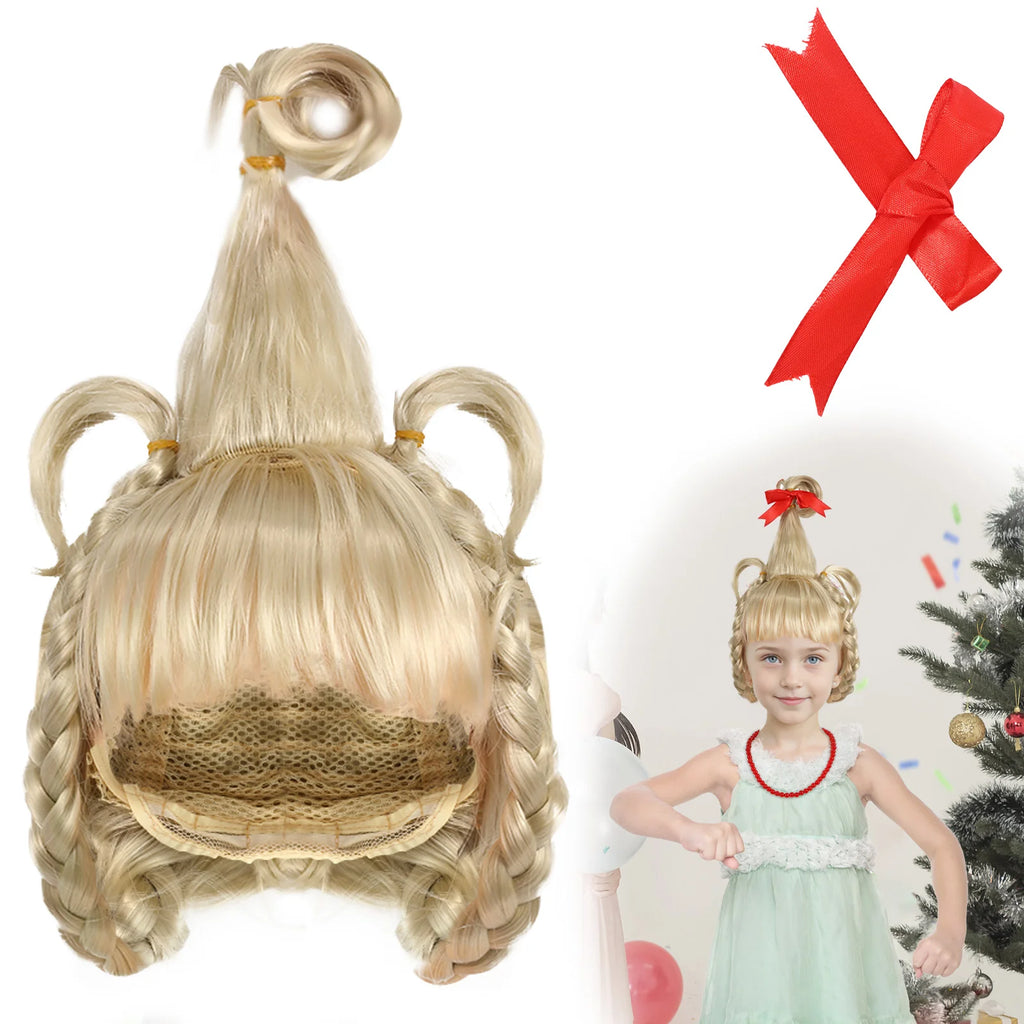 Blonde braided wig and a separate red bow beside a model wearing the set.