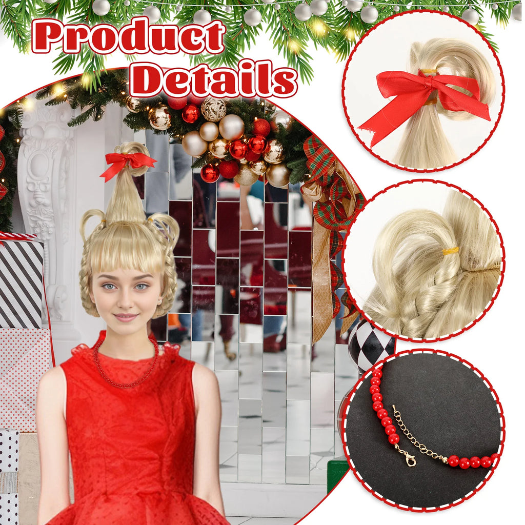 Detail panels show the red bow, blonde wig braids and necklace clasp.