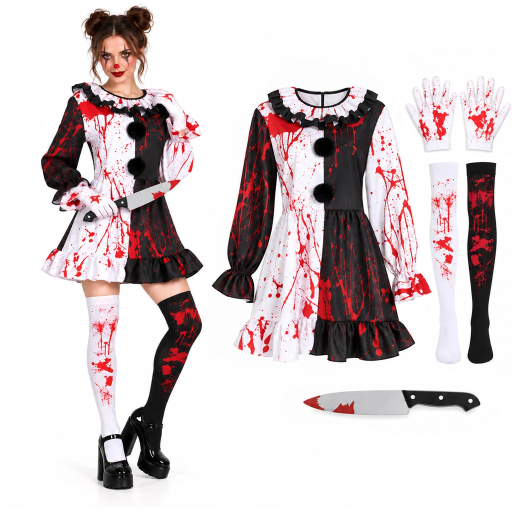 The blood print clown dress costume is shown on a woman beside its gloves, socks and costume knife prop.