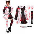 The blood print clown dress costume is shown on a woman beside its gloves, socks and costume knife prop.