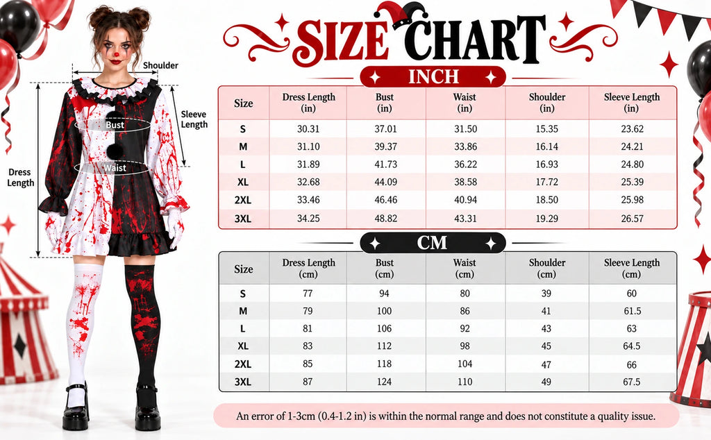 The blood-print horror clown dress size chart lists S through3XL with dress length, bust, waist, shoulder and sleeve measurements.