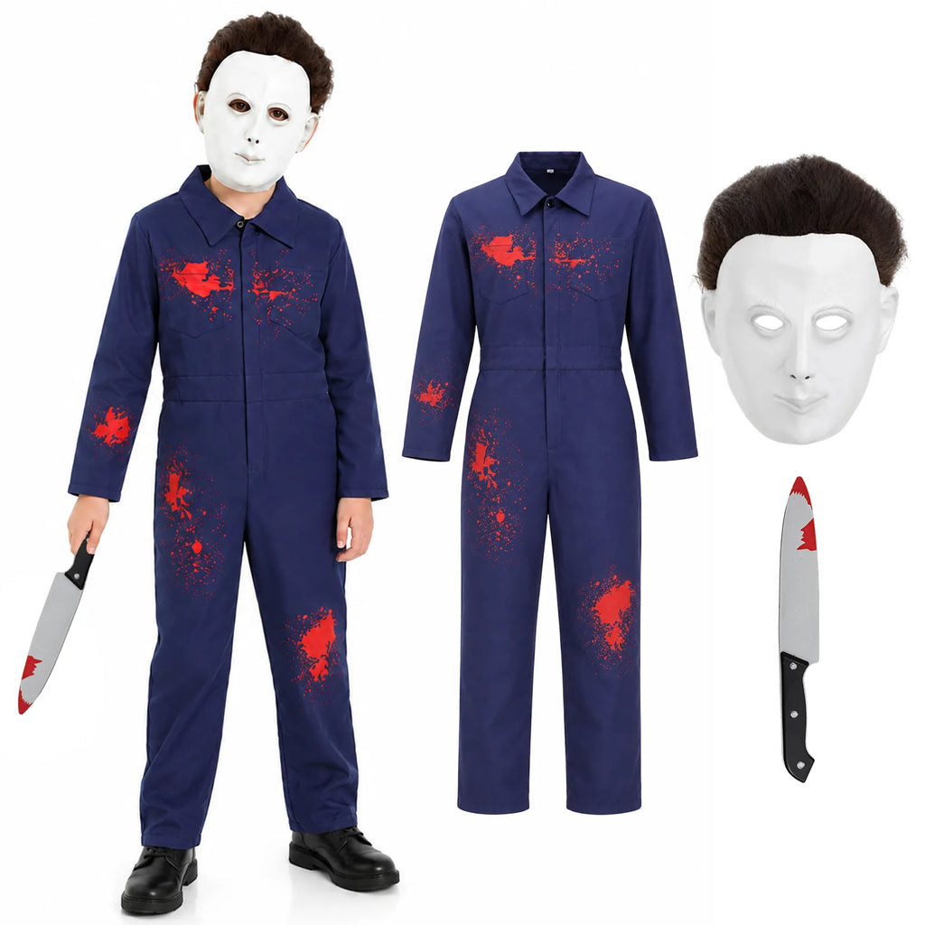 Kids Michael Myers-inspired bloody overalls set with white mask and costume knife.
