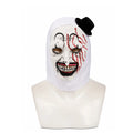 Bloody grinning clown full-head mask with white hood and mini black hat.