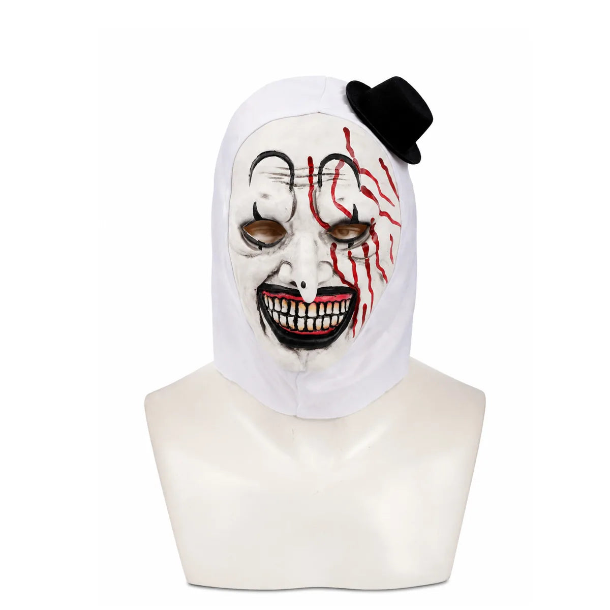 Bloody grinning clown full-head mask with white hood and mini black hat.