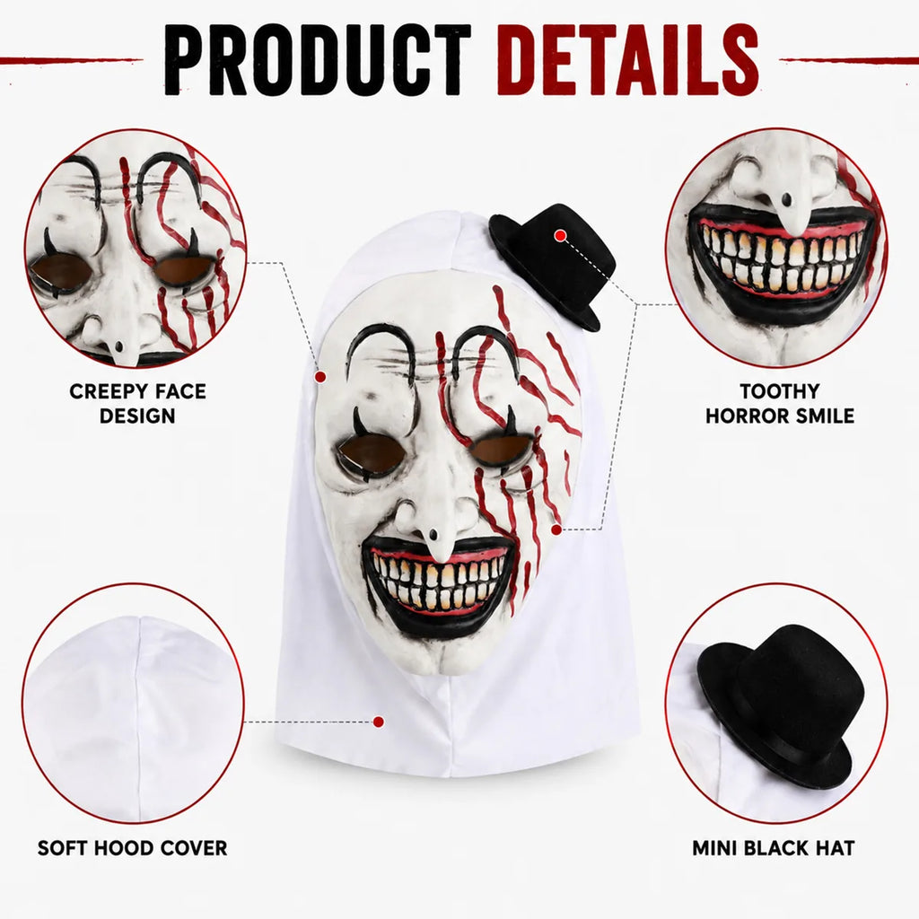 Detail graphic of the bloody grinning clown full-head mask highlights the face, hood, grin, and mini hat.