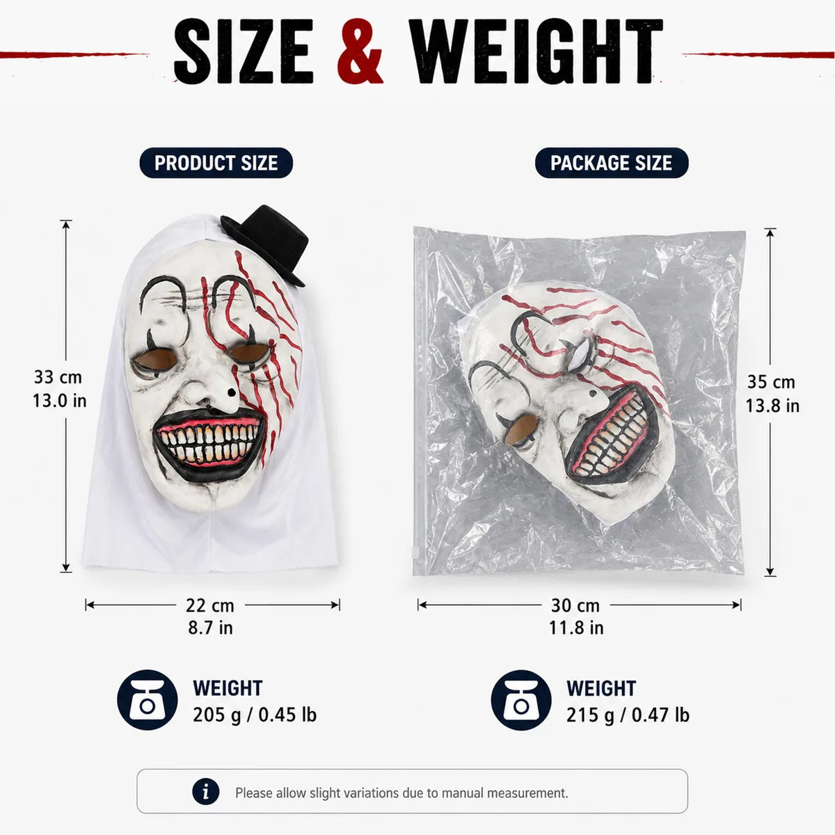 Size and weight graphic for the bloody grinning clown mask.