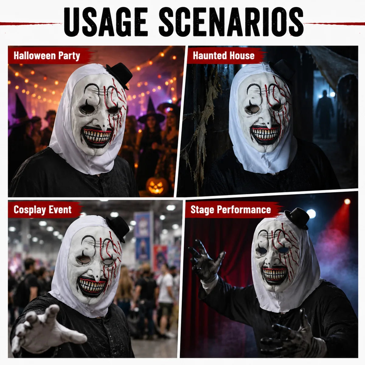 Bloody clown mask shown at party, haunted house, cosplay, and stage events.
