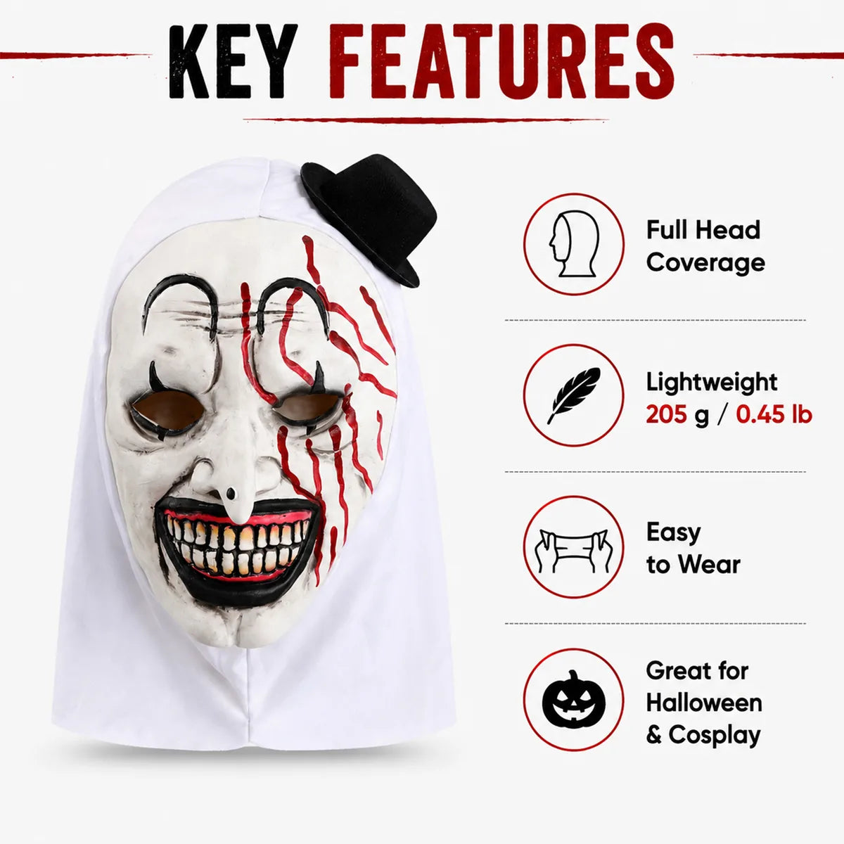 Feature graphic for the bloody grinning clown mask, highlighting visible design details and intended use.