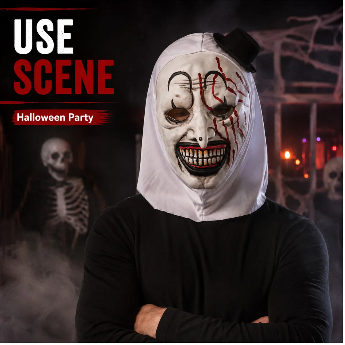 The bloody grinning clown mask halloween displayed in a styled Halloween scene for visual context.