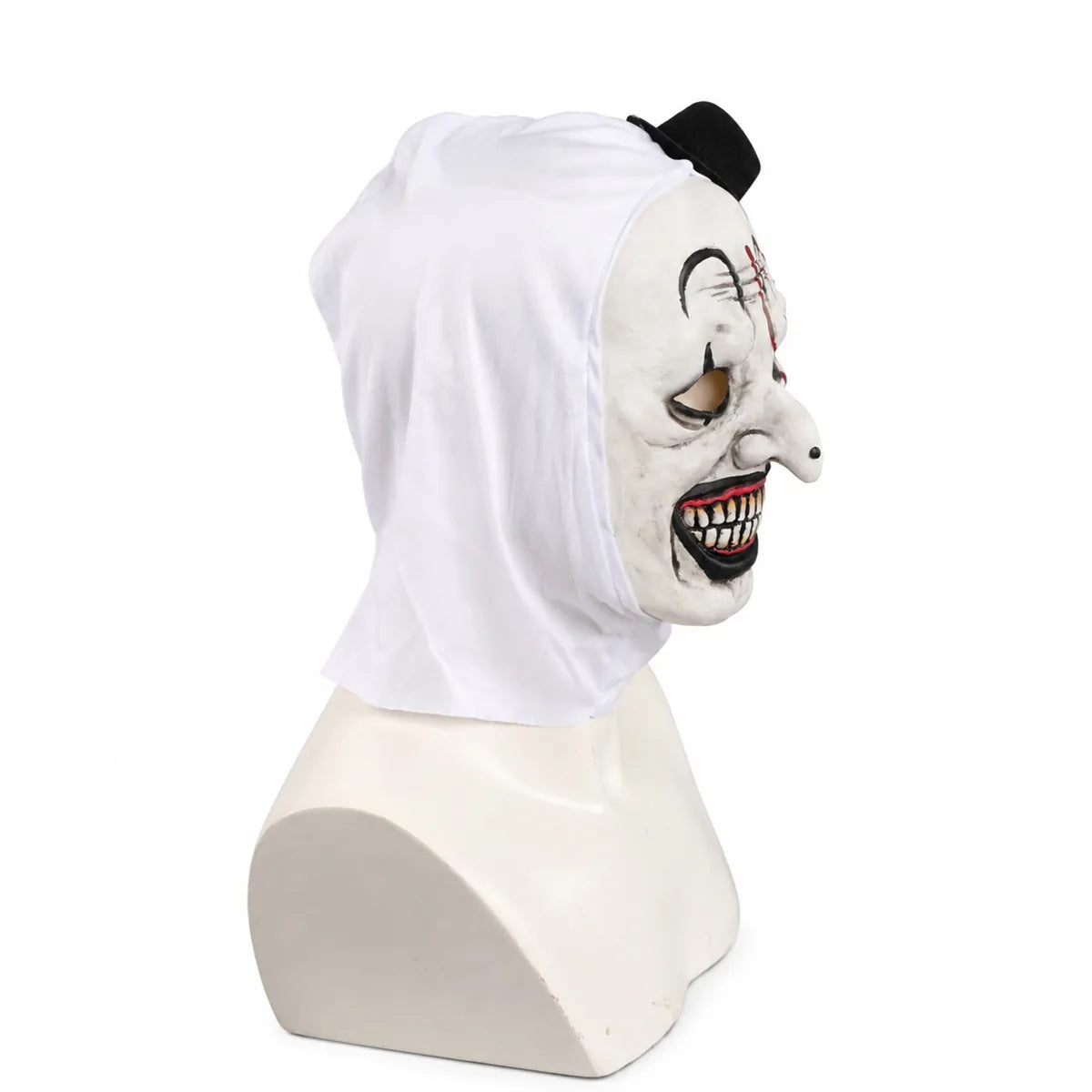 Side view shows the sculpted clown face and white hood.