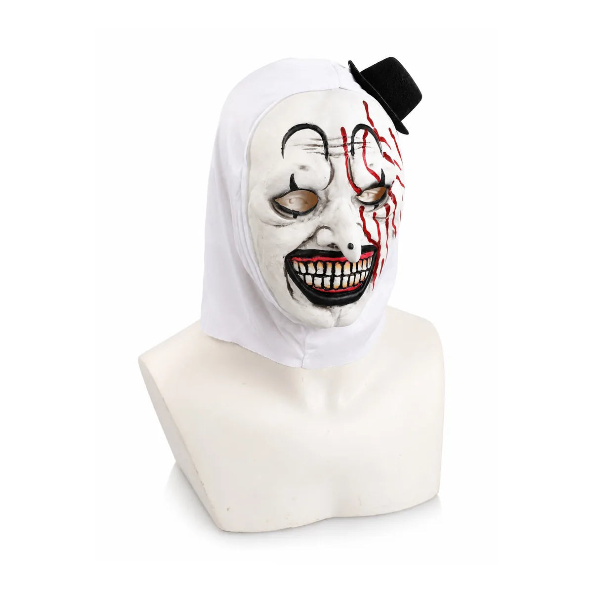 Three-quarter view shows the bloody face detail and mini hat.