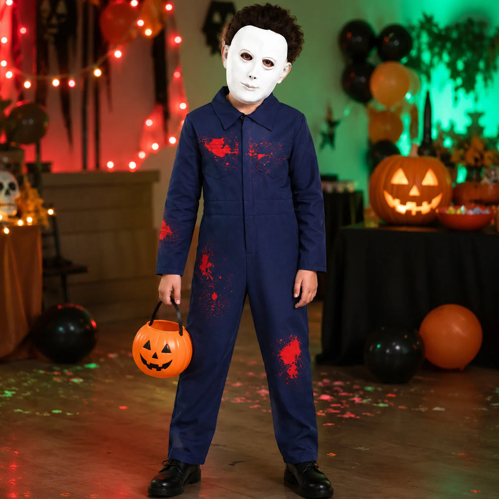 Bloody overalls costume set styled in a Halloween horror scene.