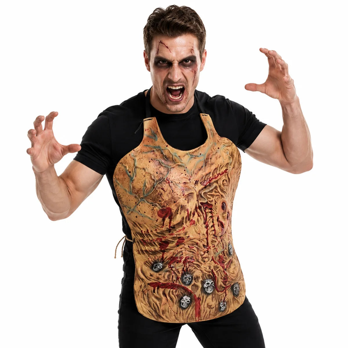 Back view shows the plain lining and neck and waist ties of the horror apron.
