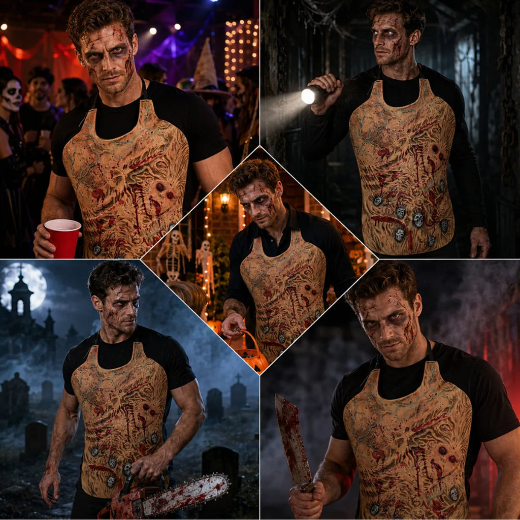 Bloody skeleton horror apron shown in several party and haunted-scene costumes.