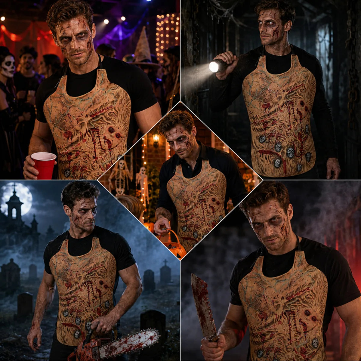 Bloody skeleton horror apron shown in several party and haunted-scene costumes.